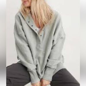 Aerie Oversized Light Gray Ribbed 1/4-Button Henley Hoodie Top